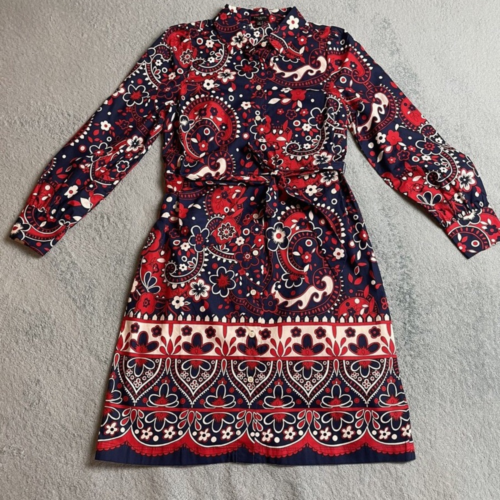 Talbot’s Picnic Paisley Shirt Dress Red White Blue Long Sleeve America250 Belted
